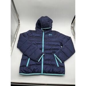 Under Armour Puffer Jacket Yoth XL Hooded ColdGear Navy Aqua Trim Full Zip